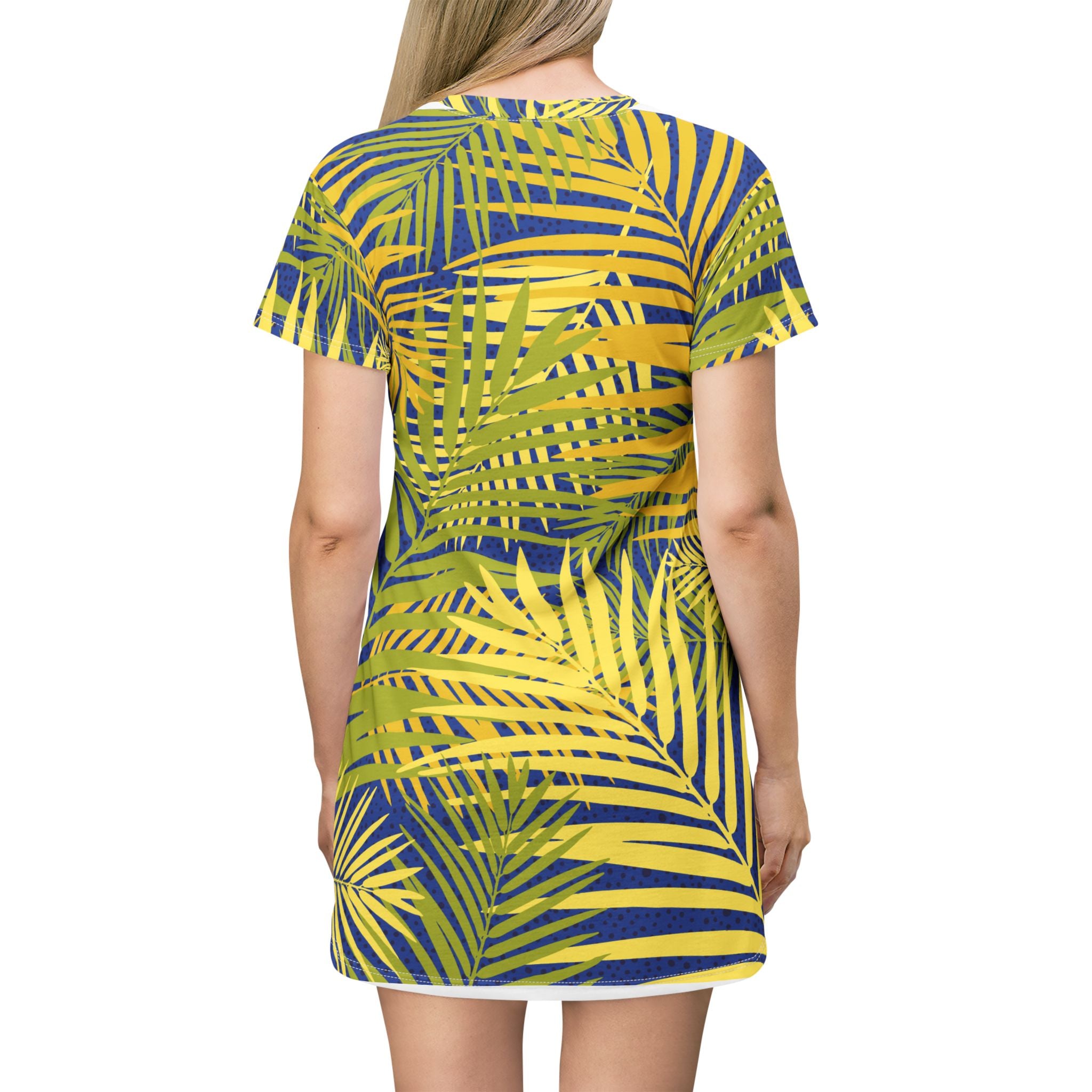 Palm Leaf T-Shirt Dress — Tropical Yellow & Navy All-Over Print