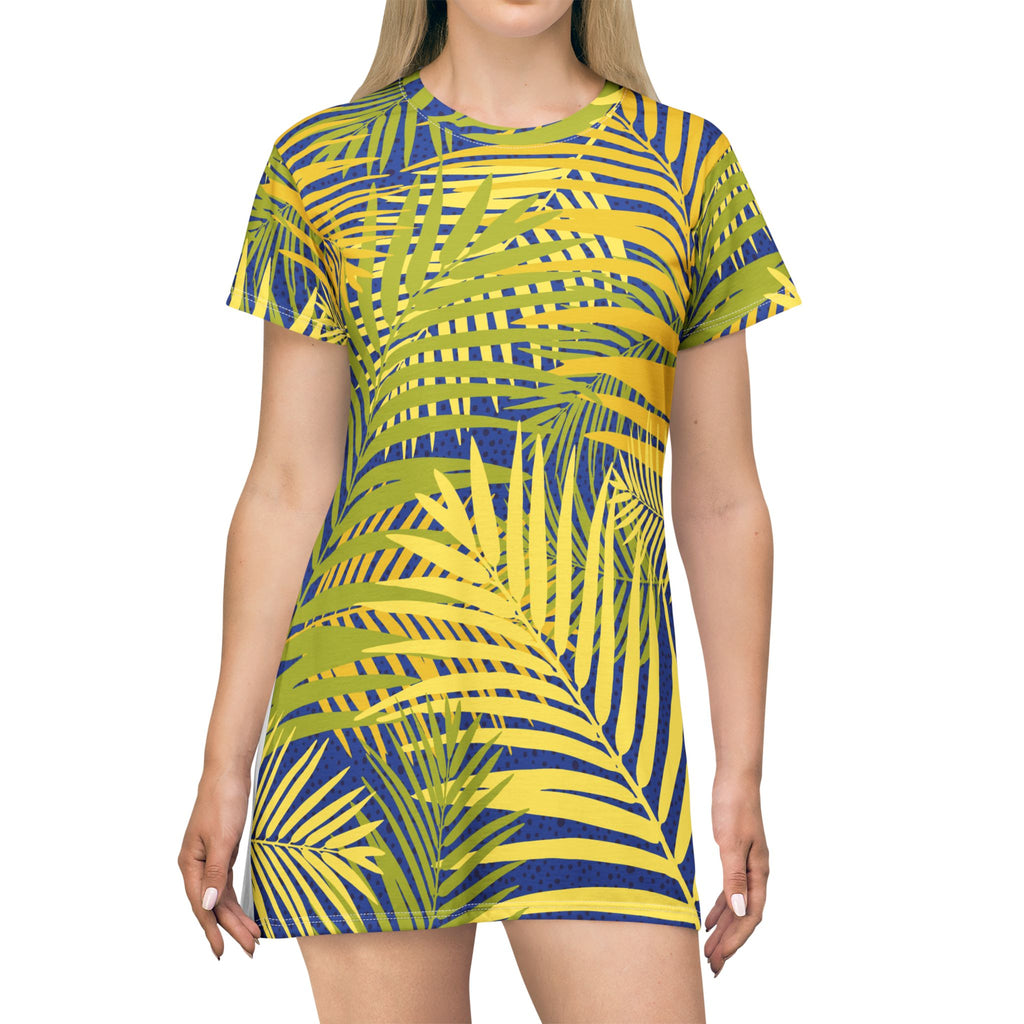 Palm Leaf T-Shirt Dress — Tropical Yellow & Navy All-Over Print