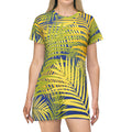 Palm Leaf T-Shirt Dress — Tropical Yellow & Navy All-Over Print