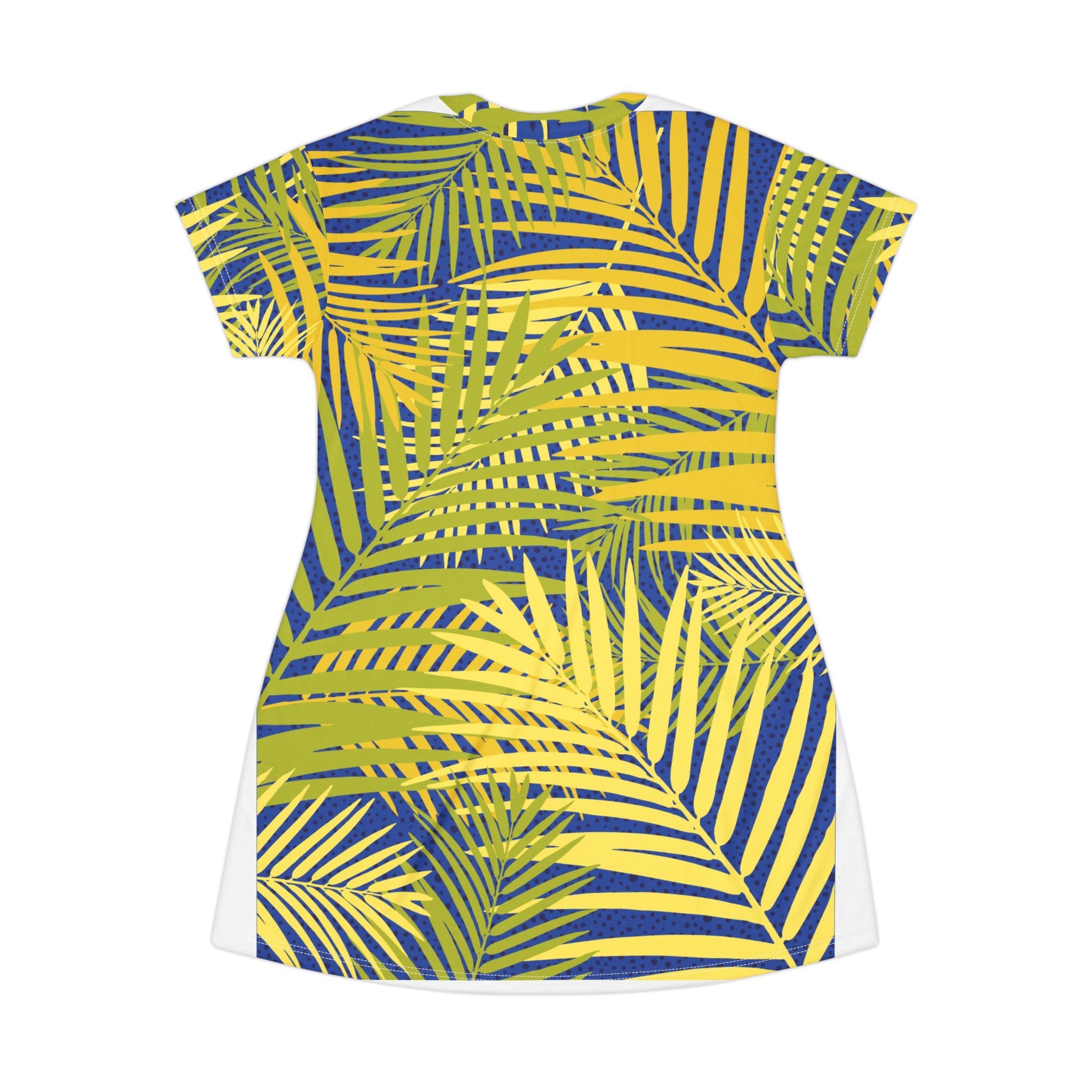 Palm Leaf T-Shirt Dress — Tropical Yellow & Navy All-Over Print