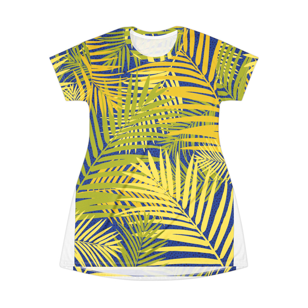 Palm Leaf T-Shirt Dress — Tropical Yellow & Navy All-Over Print