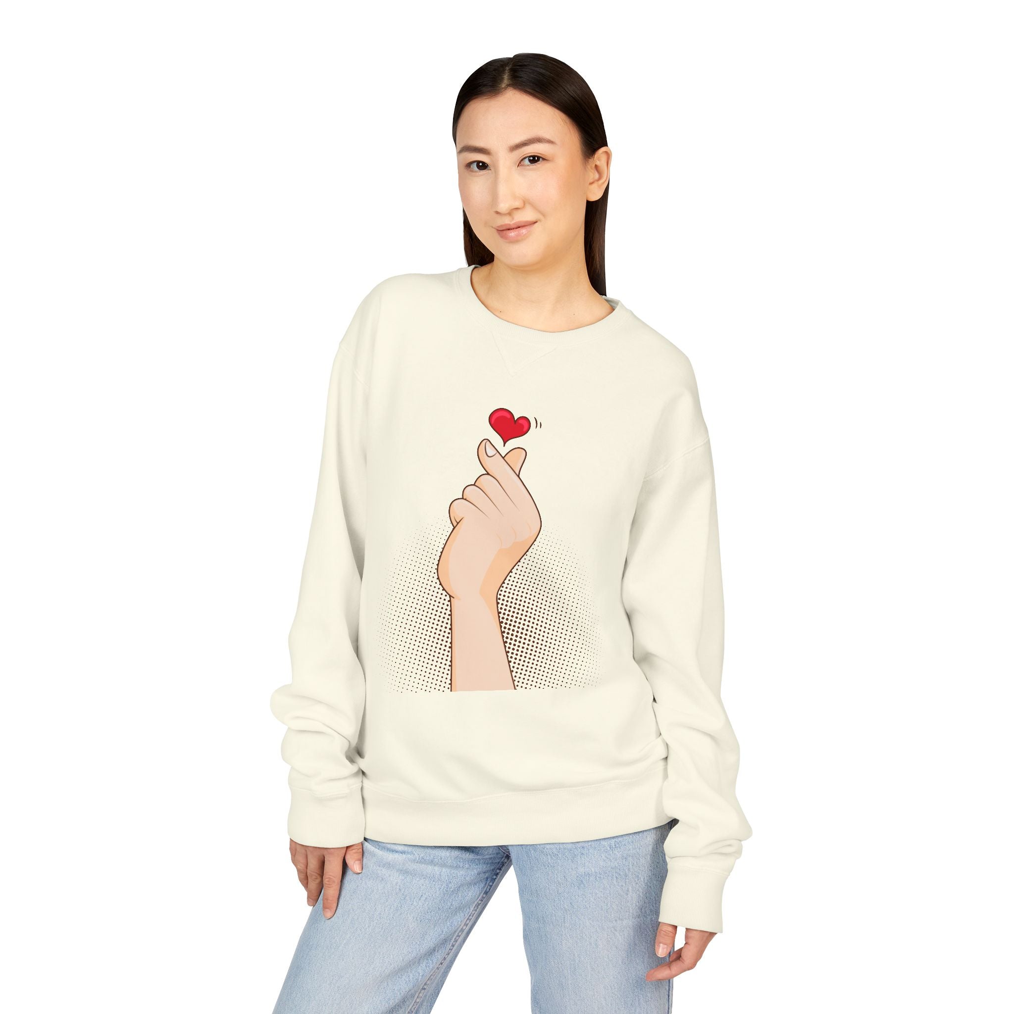 Korean Finger Heart Sweatshirt – Minimal Cute Graphic Crewneck